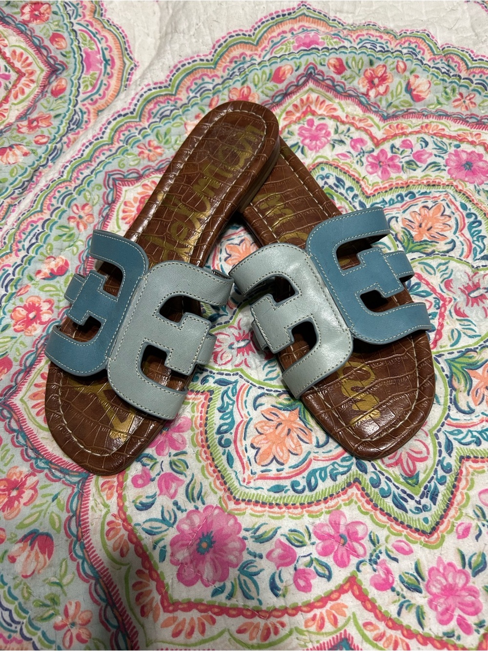 Edelman Women's Bay Slide Sandals in blue teal brown multi-color leather - Picture 3 of 5